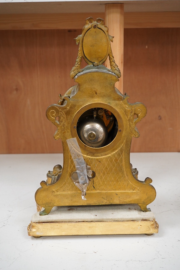 A 19th century French gilt metal mantel clock in Sevres style with gilt wood stand, 40cm total height